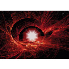 Rote kosmische Galaxie auf dieser Weltraum-Fototapete, mit einem geheimnisvollen und jenseitigen Blick.
