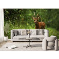Fototapete mit einem Reh in einer natürlichen Waldlandschaft in einem stilvollen Wohnzimmer.