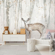 Eine Fototapete mit einem Reh im Wald, dargestellt in einem kunstvollen Gemälde mit Hirsch und Bäumen im Babyzimmer.