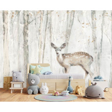 Eine Fototapete mit einem Reh im Wald, dargestellt in einem kunstvollen Gemälde mit Hirsch und Bäumen im Jungenzimmer.