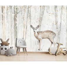 Eine Fototapete mit einem Reh im Wald, dargestellt in einem kunstvollen Gemälde mit Hirsch und Bäumen im Kinderzimmer.