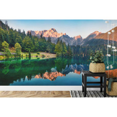 Eine Fototapete mit einer Spiegelung eines Bergsees und Wäldern in einem Büro.