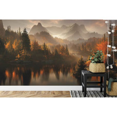 Eine Fototapete mit einem ruhigen Waldsee mit Bergen, gezeigt in einem Schlafzimmer.