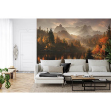 Eine Fototapete mit einem spiegelnden See zwischen Wäldern und Bergen, gezeigt in einem Wohnzimmer.