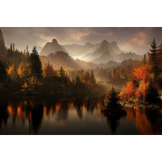 Fototapete mit einer Spiegelung eines Sees und Bergen, umgeben von üppiger Natur und Wäldern.