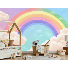 Fotobehang met een speelse regenboog en luchtige wolken in een stoere jongenskamer.