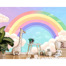 Fotobehang met een regenboog tussen dromerige wolken aan de muur van een vrolijke kinderkamer.