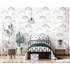 Eine Kindertapete mit einem pastellfarbenen Regenbogen in einem fröhlichen Stil, perfekt für ein Kinderzimmer.