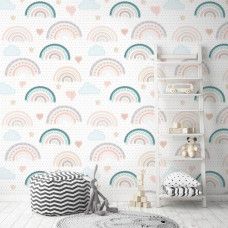 Eine fröhliche Fototapete mit einem pastellfarbenen Regenbogen, perfekt für ein Mädchenzimmer.