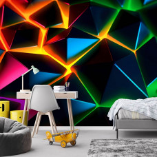 Fotobehang met futuristische kristalstructuur en neonregenboogkleuren, toegepast in een gamekamer met een kleurrijke en moderne uitstraling.