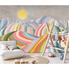 Eine Fototapete mit einem Regenbogen über einer malerischen Berglandschaft, besonders für ein Babyzimmer.