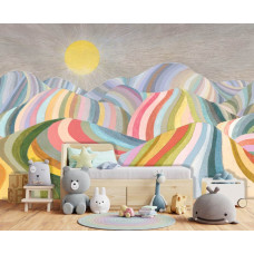 Eine Fototapete mit einem Regenbogen über sanften Bergen, ideal für ein Kinderzimmer.