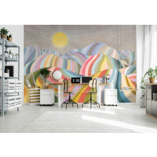 Eine Fototapete mit einem Regenbogen über einer Berglandschaft, besonders für ein Wohnzimmer.