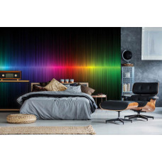 Eine Fototapete mit einem Regenbogenstrahl und musikalischen abstrakten Grafiken, ideal für das Schlafzimmer.