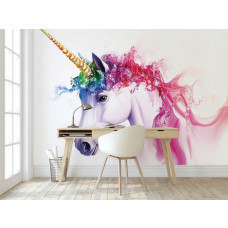 Fotobehang regenboog unicorn in kinderkamer met vrolijke kleuren en dromerige uitstraling.