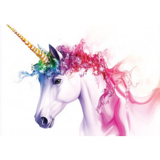 Fotobehang regenboog unicorn met witte eenhoorn, gouden hoorn en kleurrijke manen op witte achtergrond.