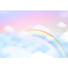 Fototapete mit einem verträumten Regenbogen und sanften Wolken in Pastellfarben auf einem rosa Hintergrund.