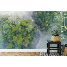 Eine Fototapete mit einem märchenhaften Nebelwald mit dichtem Dschungel in einer Küche.