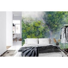 Eine Fototapete mit einer ruhigen Regenwaldumgebung in sanftem Nebel, perfekt für ein Schlafzimmer.