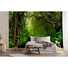 Eine Fototapete mit einem üppigen Regenwald und dichtem Dschungel, ideal für ein Schlafzimmer.