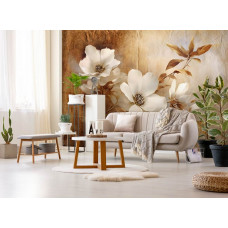 Eine Fototapete mit Retro-Blumen im Vintage-Pergament-Kunststil auf Vliestapete im Wohnzimmer.