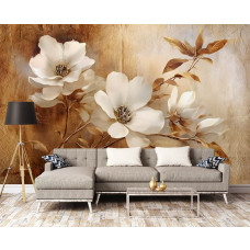 Eine Fototapete mit Retro-Blumen im Vintage-Pergament-Kunststil im Wohnzimmer.