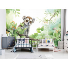 Eine Fototapete mit einem Katta in der Wildnis, mit einem Affen auf einem Ast im Wald in einem Dschungel-Kinderzimmer.