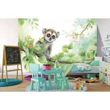 Eine Fototapete mit einem Katta in der Wildnis, mit einem Affen auf einem Ast im Wald in einem Kinderzimmer.