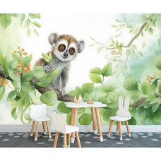 Eine Fototapete mit einem Katta in der Wildnis, mit einem Affen auf einem Ast im Wald im Spielzimmer.