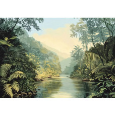 Fotobehang met een kronkelende rivier die door dichte jungle en tropische begroeiing stroomt.