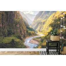 Ein Fototapete mit einem friedlichen Fluss, umgeben von grünen Bergen, ideal für eine Küche.