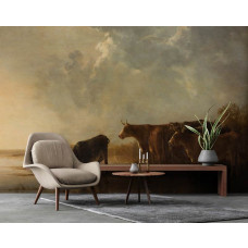 Fototapete mit einer idyllischen Flusslandschaft und grasenden Kühen, inspiriert von Aelbert Cuyps Meisterwerk von ca. 1650 in einem Geschäftszimmer.