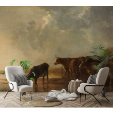 Ein Wohnzimmer mit einer Fototapete mit einer idyllischen Flusslandschaft und grasenden Kühen, inspiriert von Aelbert Cuyps Meisterwerk von ca. 1650.