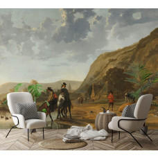 Fototapete in einem Geschäftsraum mit einer weiten Flusslandschaft an der Waal bei Nijmegen, mit zwei Reitern, die ihre Pferde tränken, und einem Hirten mit seiner ruhenden Herde, inspiriert von Aelbert Cuyp’s Meisterwerk.