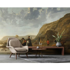 Ein stilvolles Büro mit einer Fototapete mit einer weiten Flusslandschaft an der Waal bei Nijmegen, mit zwei Reitern, die ihre Pferde tränken, und einem Hirten mit seiner ruhenden Herde, inspiriert von Aelbert Cuyp’s Meisterwerk.