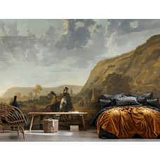 Fototapete mit einer weiten Flusslandschaft an der Waal bei Nijmegen, mit zwei Reitern, die ihre Pferde tränken, und einem Hirten mit seiner ruhenden Herde, inspiriert von Aelbert Cuyp’s Meisterwerk, im Schlafzimmer.