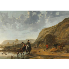 Fototapete mit einer weiten Flusslandschaft an der Waal bei Nijmegen, mit zwei Reitern, die ihre Pferde tränken, und einem Hirten mit seiner ruhenden Herde, inspiriert von Aelbert Cuyp’s Meisterwerk.