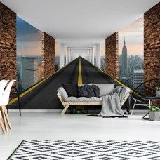 Eine Fototapete mit einer 3D-Straßenszene von New York für ein dynamisches Wohnzimmer.