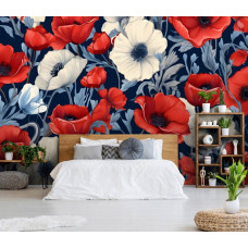 Eine Fototapete mit roten und weißen Blumen mit großen Mohnblumen im Schlafzimmer.
