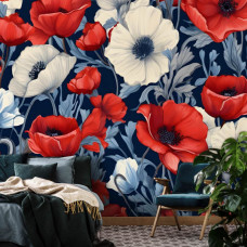 Eine Fototapete mit roten und weißen Blumen mit großen Mohnblumen auf einer Vliestapete im Schlafzimmer.