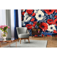 Eine Fototapete mit roten und weißen Blumen mit großen Mohnblumen im Wohnzimmer.