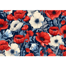 Rote und weiße Blumen, darunter große Mohnblumen, sind auf dieser farbenfrohen Fototapete anschaulich dargestellt.