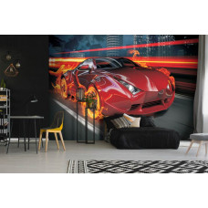 Fototapete roter Rennwagen mit Flammen für Kinderzimmer oder Schlafzimmer.