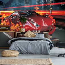 Fototapete roter Rennwagen mit Flammen für Kinderzimmer oder Jugendzimmer.