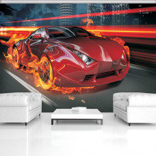 Fototapete roter Rennwagen mit Flammen für Kinderzimmer und Wohnzimmer mit Vliestapete.