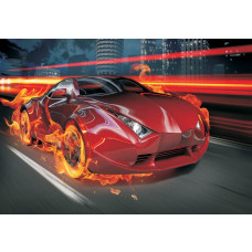 Fototapete roter Rennwagen mit Flammen für Kinderzimmer.