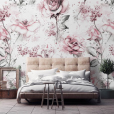 Eine Aquarell-Fototapete mit romantischen Blumen und Rosen in Aquarell für das Schlafzimmer und Wohnzimmer.