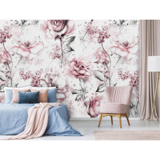 Eine Aquarell-Fototapete mit romantischen Blumen und Rosen in Aquarell für das Schlafzimmer.