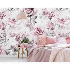 Eine Aquarell-Fototapete mit romantischen Blumen und Rosen in Aquarell für das Wohn- und Schlafzimmer.
