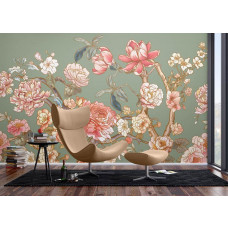 Ein Fototapete mit romantischen Blüten im Wohnzimmer, wo zarte Blütenzweige eine elegante und beruhigende Atmosphäre im Raum schaffen.